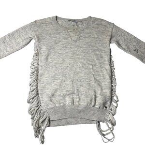 One Grey Day Fringe Sweater Women L Gray Wool Long-Sleeve Distressed Grunge Boho